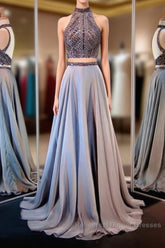 Gray Two Piece Long Semi Formal Prom Dress with Sparkly Beading